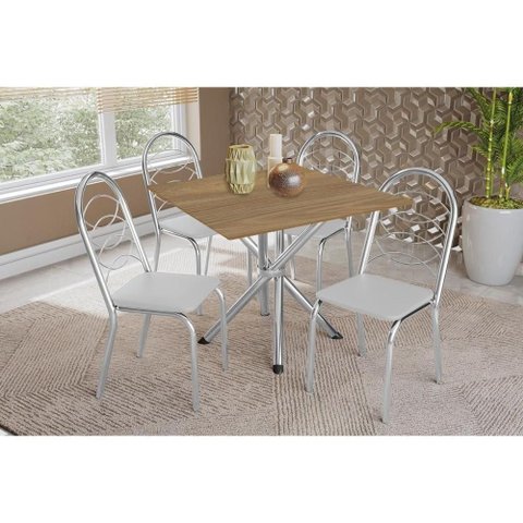 Conjunto: Mesa de Cozinha Volga C/ Tampo de Madeira 90cm e 4 Cadeiras Holanda Cromado/nogueira -