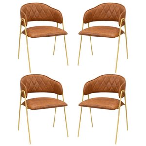 Conjunto 4 Cadeiras Veneza Couro Caramelo Metal Dourado