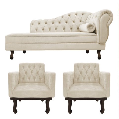 Kit Diva Recamier Diana 160cm Lado Esquerdo e 02 Poltronas Classic Suede Bege - ADJ Decor