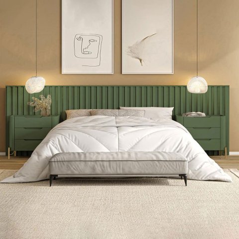 Conjunto Cabeceira Super King 400cm C/ 2 Mesas de Cabeceira Cor:musgo com Dourado