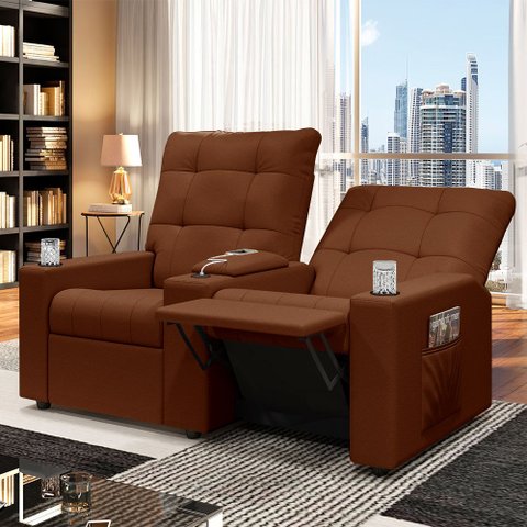Poltrona do Papai Reclinável Sala de Cinema Movie 2 Lugares Manual Baú USB Veludo Terracota G23 Gran