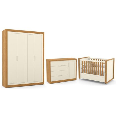 Dormitório Tutto New 4 Portas, Cômoda 1 Porta, Berço Off White/Freijó - Matic Móveis