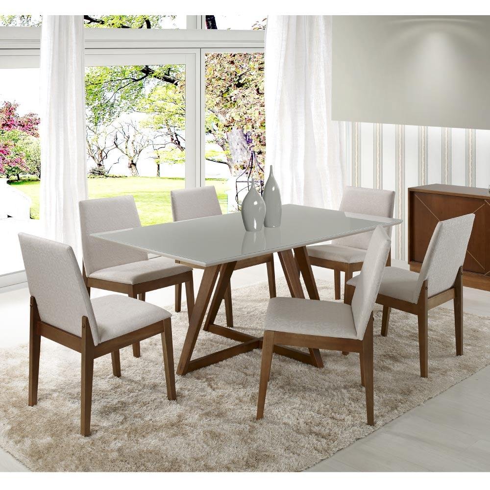 Sala de Jantar Lizzi 1,35 com 6 Cadeiras - Branco/Castanho Claro - 1