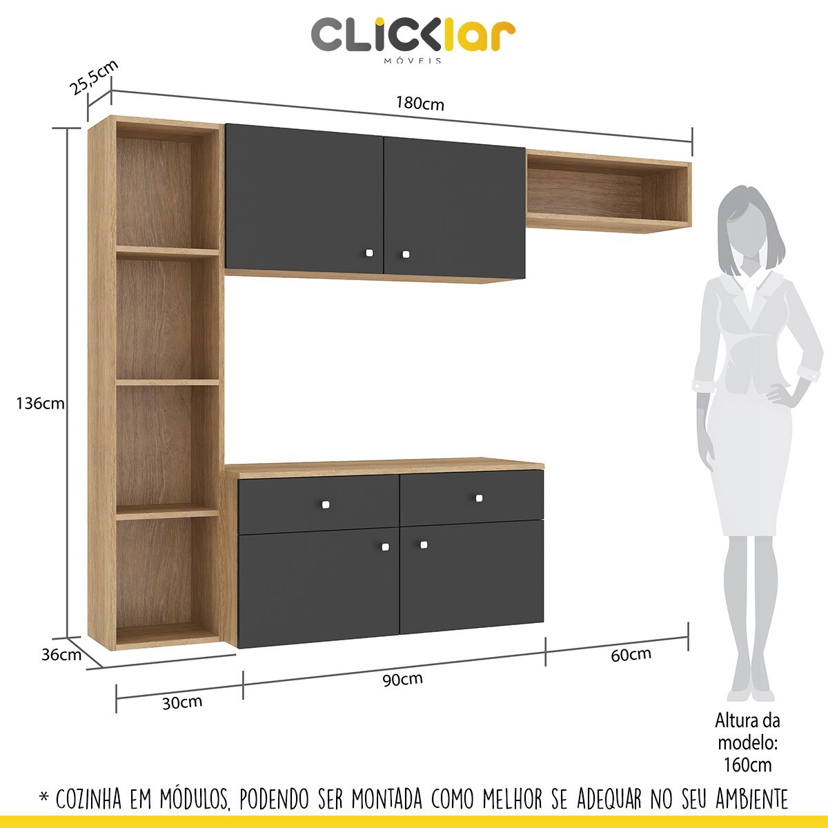 Cozinha Modular Compacta Suspensa 180cm Itapuã 4 Portas 2 Gavetas Nicho MDP Carvalho Grafite - Clicklar - 6