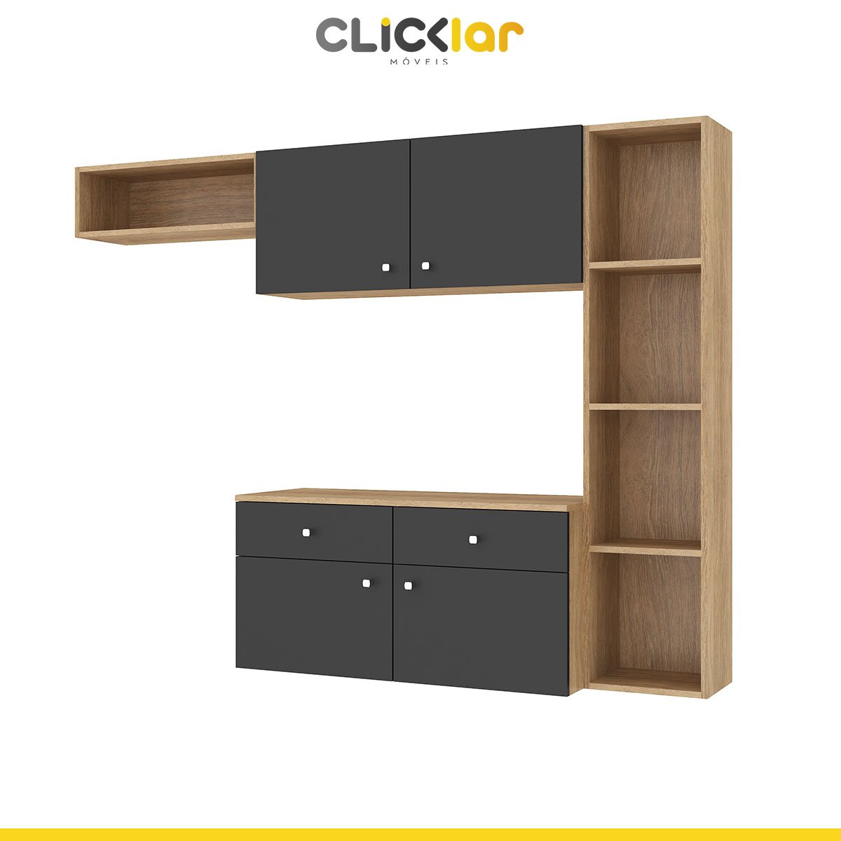 Cozinha Modular Compacta Suspensa 180cm Itapuã 4 Portas 2 Gavetas Nicho MDP Carvalho Grafite - Clicklar - 4