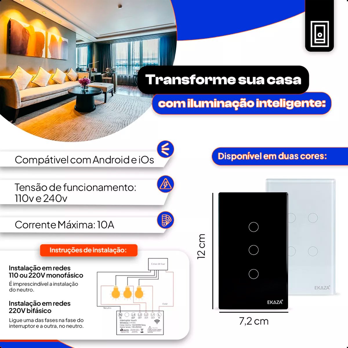 Interruptor Inteligente Wifi 2 Botões Touch Smart Ekaza Alexa e Google - 7