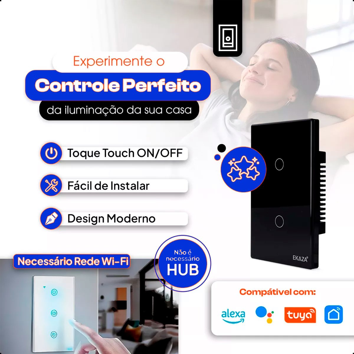 Interruptor Inteligente Wifi 2 Botões Touch Smart Ekaza Alexa e Google - 6