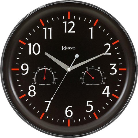 Relógio Parede 35cm Preto Termômetro Higrômetro Herweg 6812
