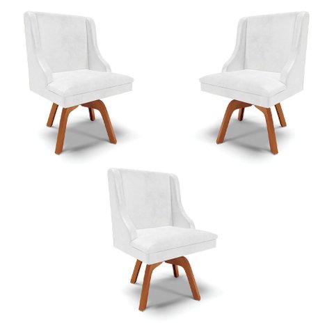 Kit 3 Cadeiras Decorativas Sala de Jantar Base Giratória de Madeira Firenze PU Branco Brilho/Natural