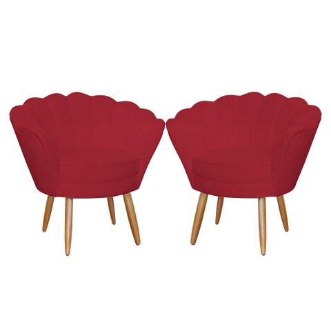 Conjunto 2 Poltronas Decorativa Pétala Pés Palito Vermelho Carolina Moveis