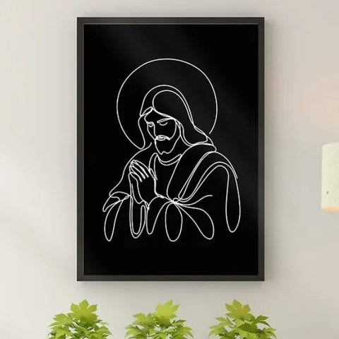 Quadro Jesus Moderno - One Line 45x34cm - com Vidro:moldura Preta