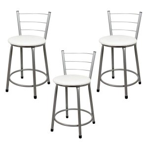 Banqueta Baixa para Cozinha 3un Epoxi Prata - Assento Branco