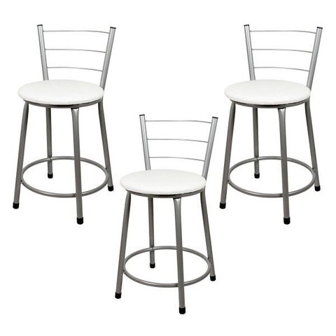 Banqueta Baixa para Cozinha 3un Epoxi Prata - Assento Branco