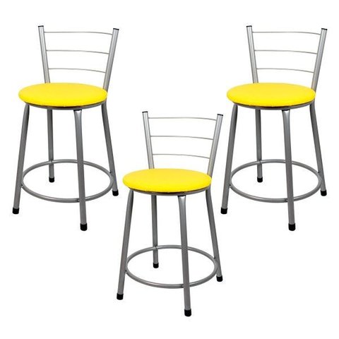 Banqueta Baixa para Cozinha 3un Epoxi Prata - Assento Amarelo