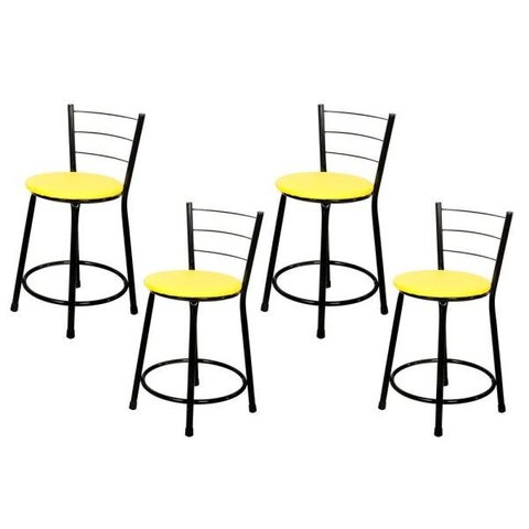 Kit 4 Unidades Banquetas Bistro Epoxi Preto - Assento Amarelo