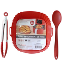 Ver imagem 3 de Kit 3 Peças Forro para Air Fryer Quadrada 21cm ,Pinça de 25cm e Colher de 27cm em Silicone Vermelho