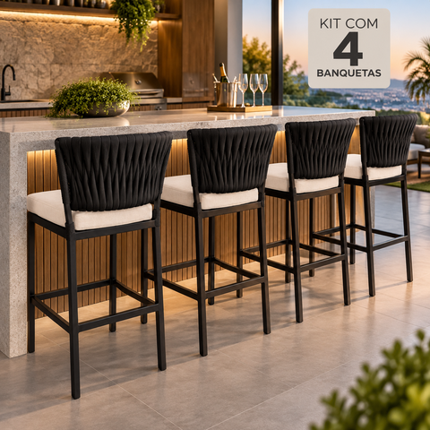 Kit 4 Banquetas Ilha Alta Corda Náutica e Alumínio Moderno Jardim Área Gourmet Varanda:Preta/Black