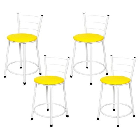 Kit 4 Banquetas Baixa Epoxi Branca - Assento Amarelo