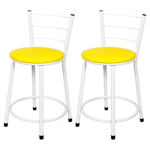 Kit 2 Banquetas Baixa Epoxi Branca - Assento Amarelo