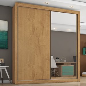 Guarda Roupa Solteiro com Espelho 2 Portas 4 Gavetas - Zurique-amêndoa - Móveis Europa