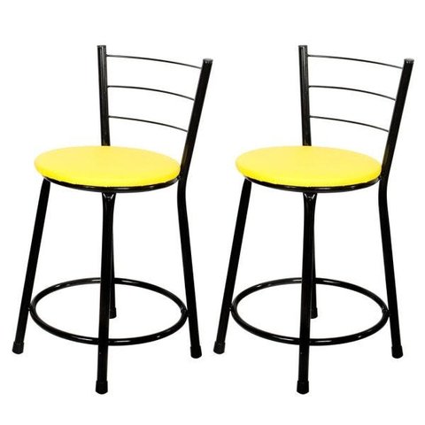 Kit 2 Banquetas Baixa Epoxi Preto - Assento Amarelo