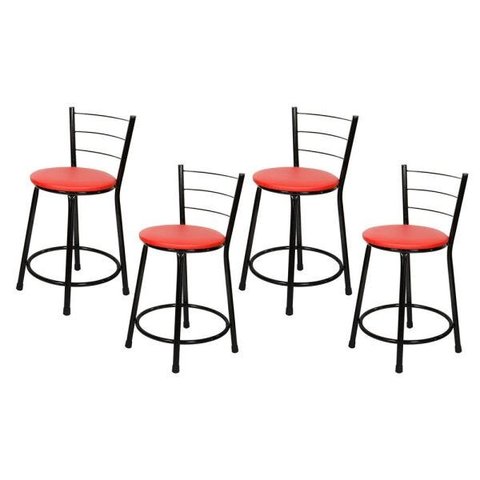 Kit 4 Banquetas Baixa Epoxi Preto - Assento Vermelho