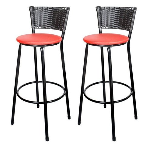 Kit 2 Unidades Banquetas Bistro Ratan Hawai Preto - Assento Vermelho