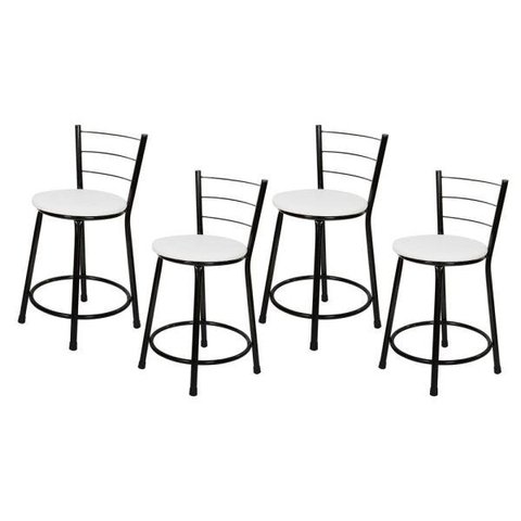 Kit 4 Banquetas Baixa Epoxi Preto - Assento Branco