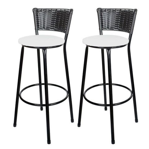 Kit 2 Unidades Banquetas Bistro Ratan Hawai Preto - Assento Branco