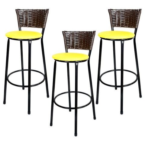 Kit 3 Banquetas Alta Ratan Hawai Café - Assento Amarelo