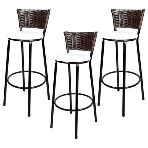 Kit 3 Banquetas Alta Ratan Hawai Café - Assento Branco