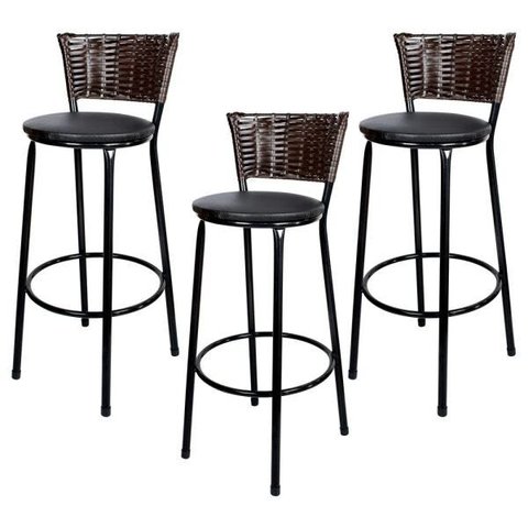 Kit 3 Banquetas Alta Ratan Hawai Café - Assento Preto