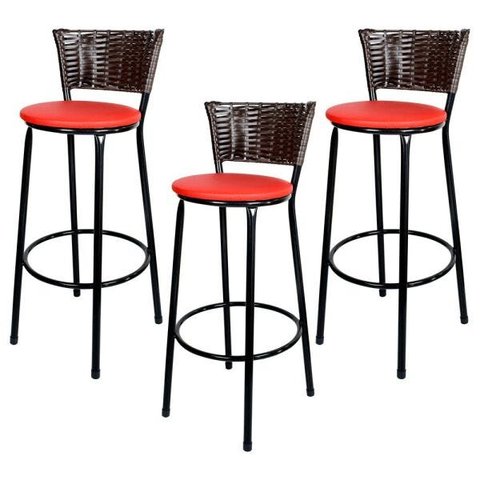 Kit 3 Banquetas Alta Ratan Hawai Café - Assento Vermelho