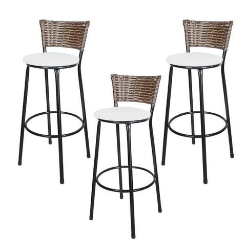 Kit 3 Banquetas Alta Ratan Hawai Cappuccino - Assento Branco