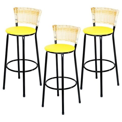 Kit 3 Banquetas Alta Ratan Hawai Palha - Assento Amarelo