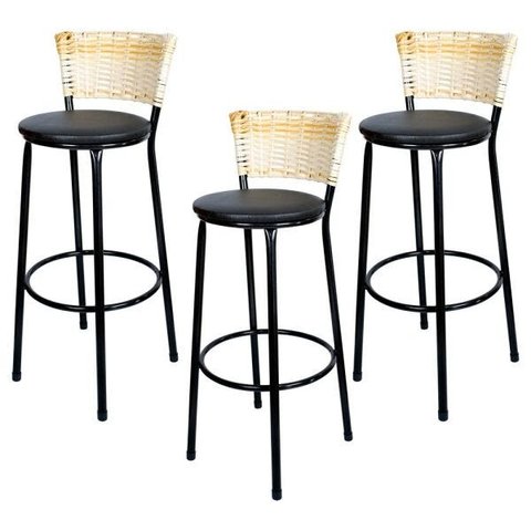 Kit 3 Banquetas Alta Ratan Hawai Palha - Assento Preto