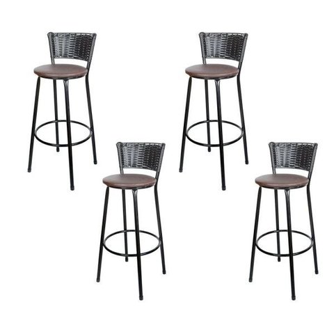 Kit 4 Unidades Banquetas Bistro Ratan Hawai Preto - Assento Marrom