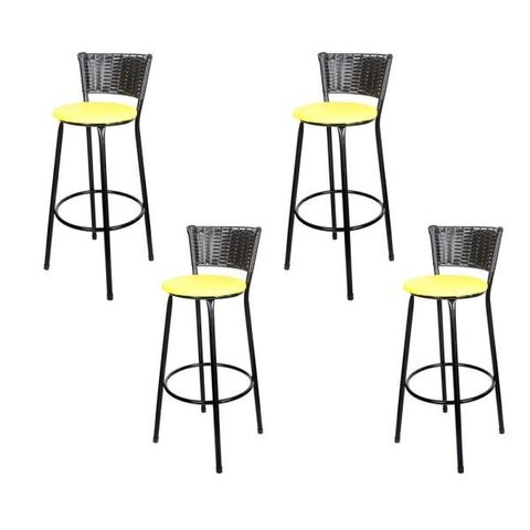Kit 4 Unidades Banquetas Bistro Ratan Hawai Preto - Assento Amarelo