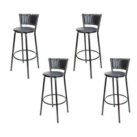 Kit 4 Unidades Banquetas Bistro Ratan Hawai Preto - Assento Preto