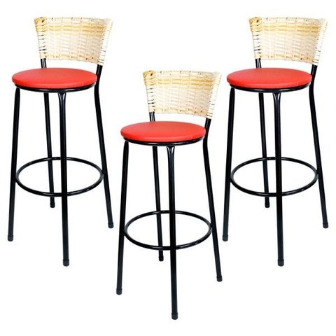 Kit 3 Banquetas Alta Ratan Hawai Palha - Assento Vermelho
