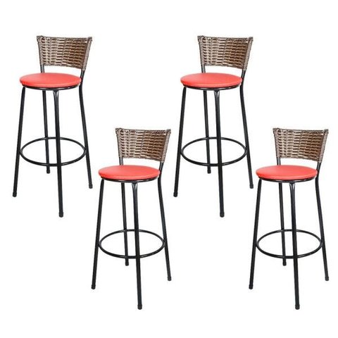 Kit 4 Banquetas Alta Ratan Hawai Cappuccino - Assento Vermelho
