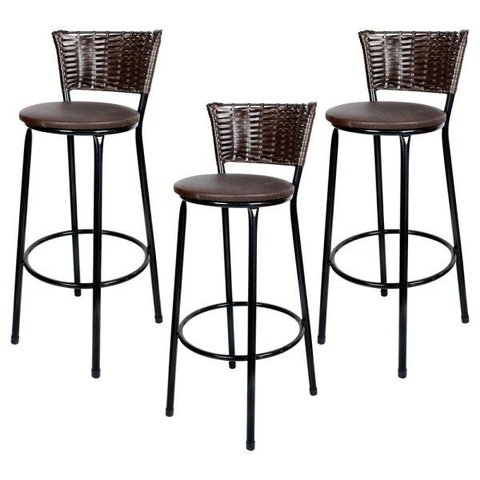 Kit 3 Banquetas Alta Ratan Hawai Café - Assento Marrom