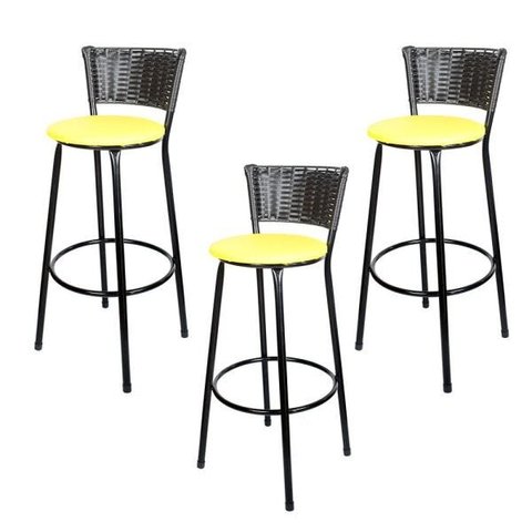 Kit 3 Unidades Banquetas Bistro Ratan Hawai Preto - Assento Amarelo