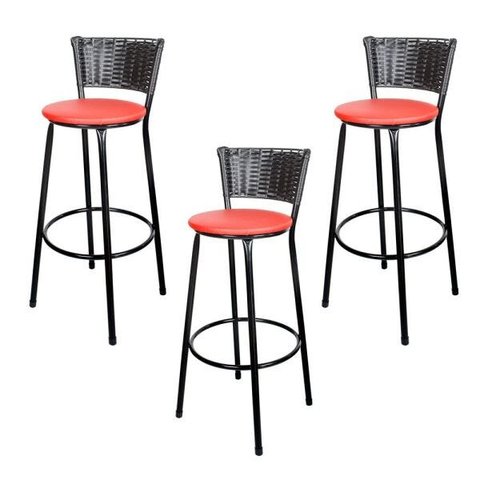 Kit 3 Unidades Banquetas Bistro Ratan Hawai Preto - Assento Vermelho