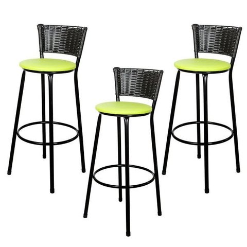 Kit 3 Unidades Banquetas Bistro Ratan Hawai Preto - Assento Verde