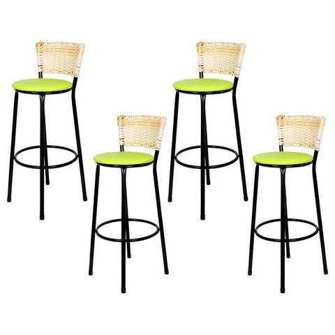 Kit 4 Banquetas Alta Ratan Hawai Palha - Assento Verde