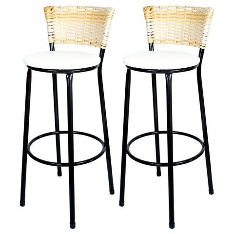 Kit 2 Banquetas Alta Ratan Hawai Palha - Assento Branco