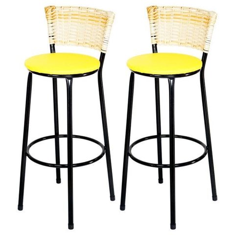 Kit 2 Banquetas Alta Ratan Hawai Palha - Assento Amarelo