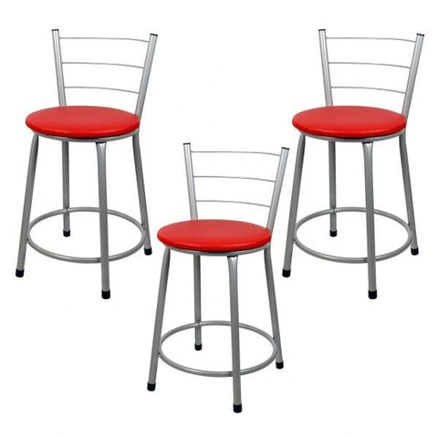 Banqueta Baixa para Cozinha 3un Epoxi Prata - Assento Vermelho