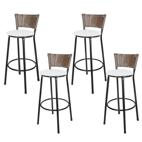 Kit 4 Banquetas Alta Ratan Hawai Cappuccino - Assento Branco